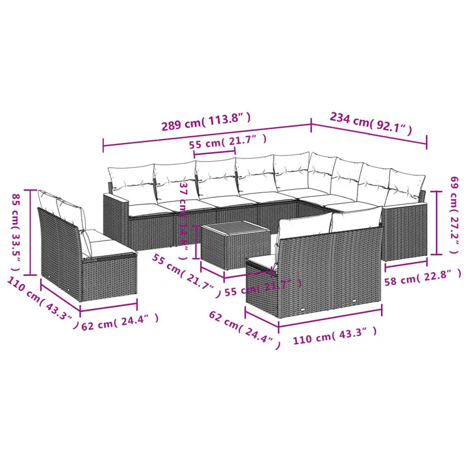 vidaXL - Loungeset - Zwart - Poly rattan - 13 stuks - Met kussens