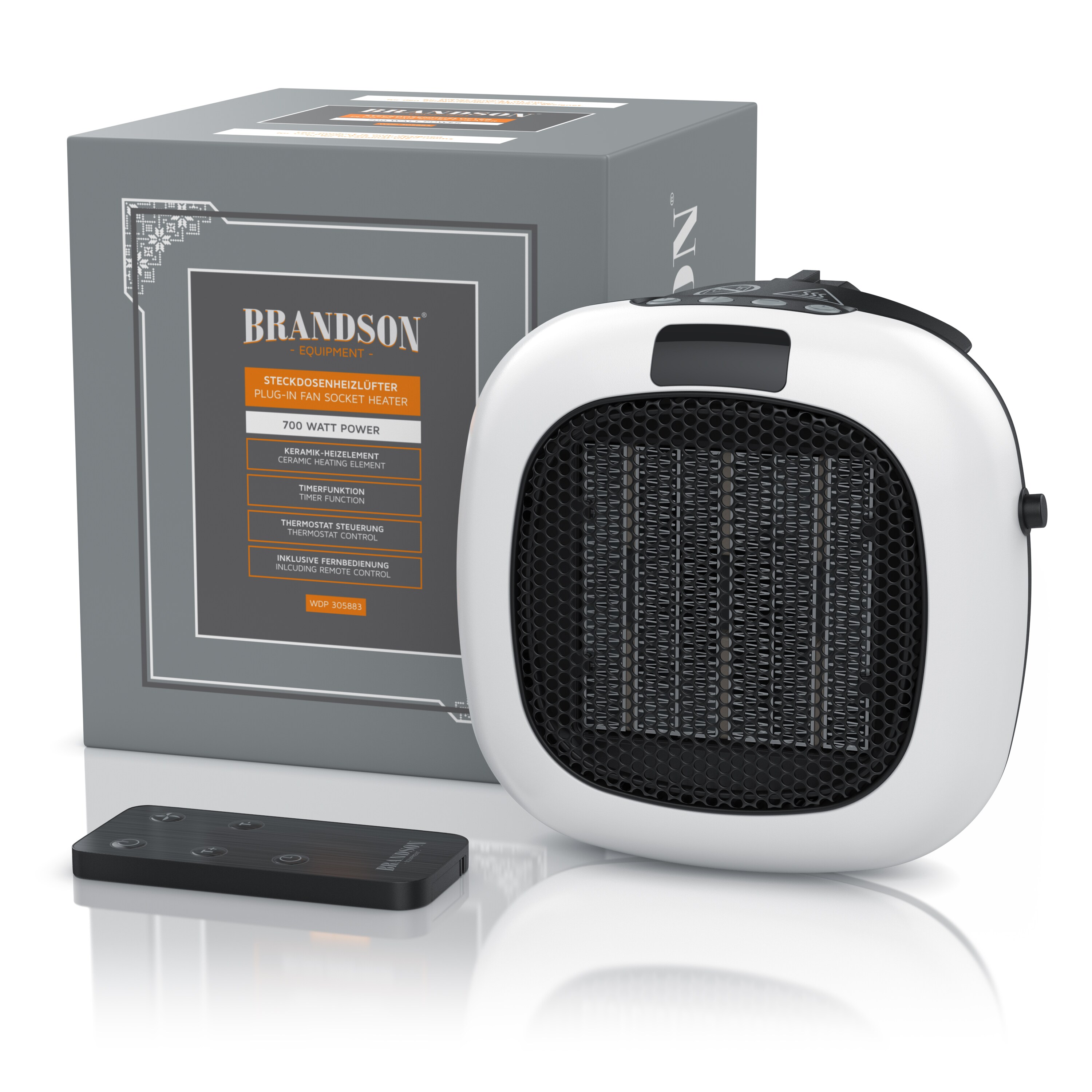 Brandson Steckdosen Heizlüfter 700W mit Fernbedienung, Thermostat, Timer 1-12 Stunden, Automatische Abschaltung, Überhitzungsschutz, Weiß