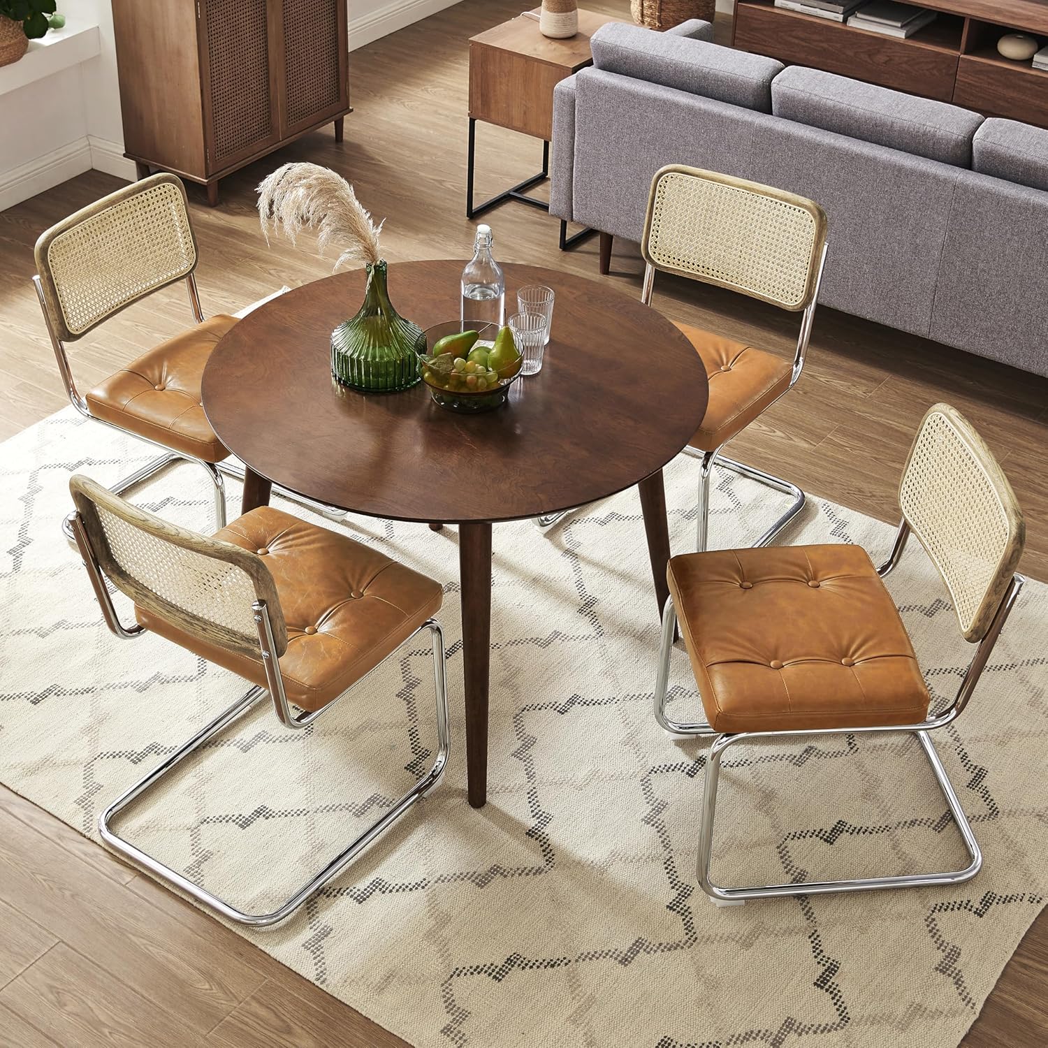 Zouron Esszimmerstühle Rattan Stuhl Schwingstühle 2er Set - mit Eichenholz Kunstleder Küchenstuhl Freischwinger Stühle Polsterstuhl Natur geflochtene Rattan Rückenlehne Chrom Metallbeine