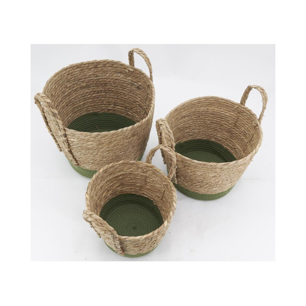 Cache-pots en jonc naturel et coton vert (lot de 3)