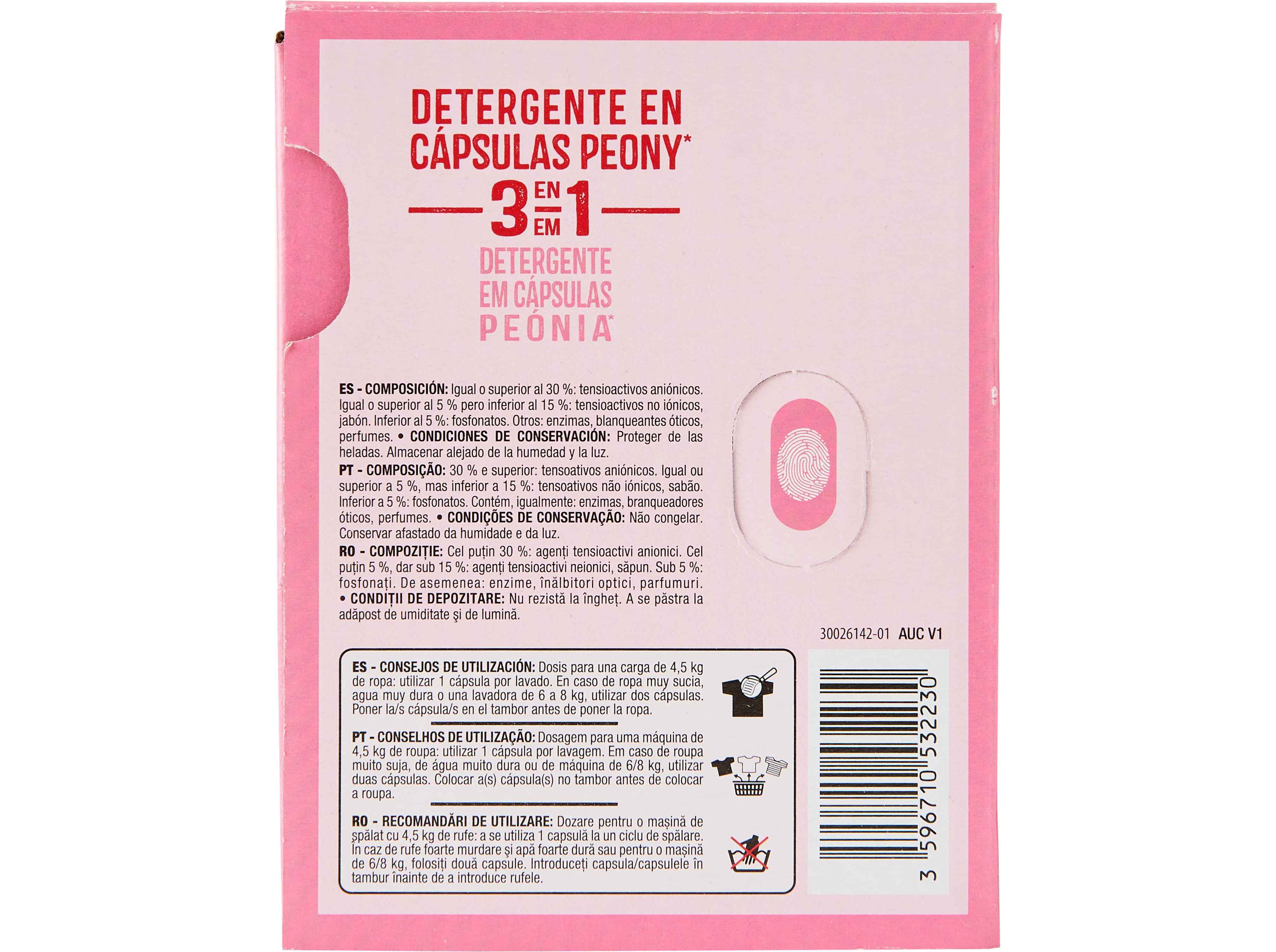 DETERGENTE MÁQ. ROUPA AUCHAN CÁPSULAS 3EM1 PEÓNIA 20D