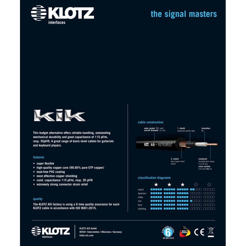 Klotz KIKG3.0PP1 jack 2p - jack 2p 3 meter instrumentenkabel