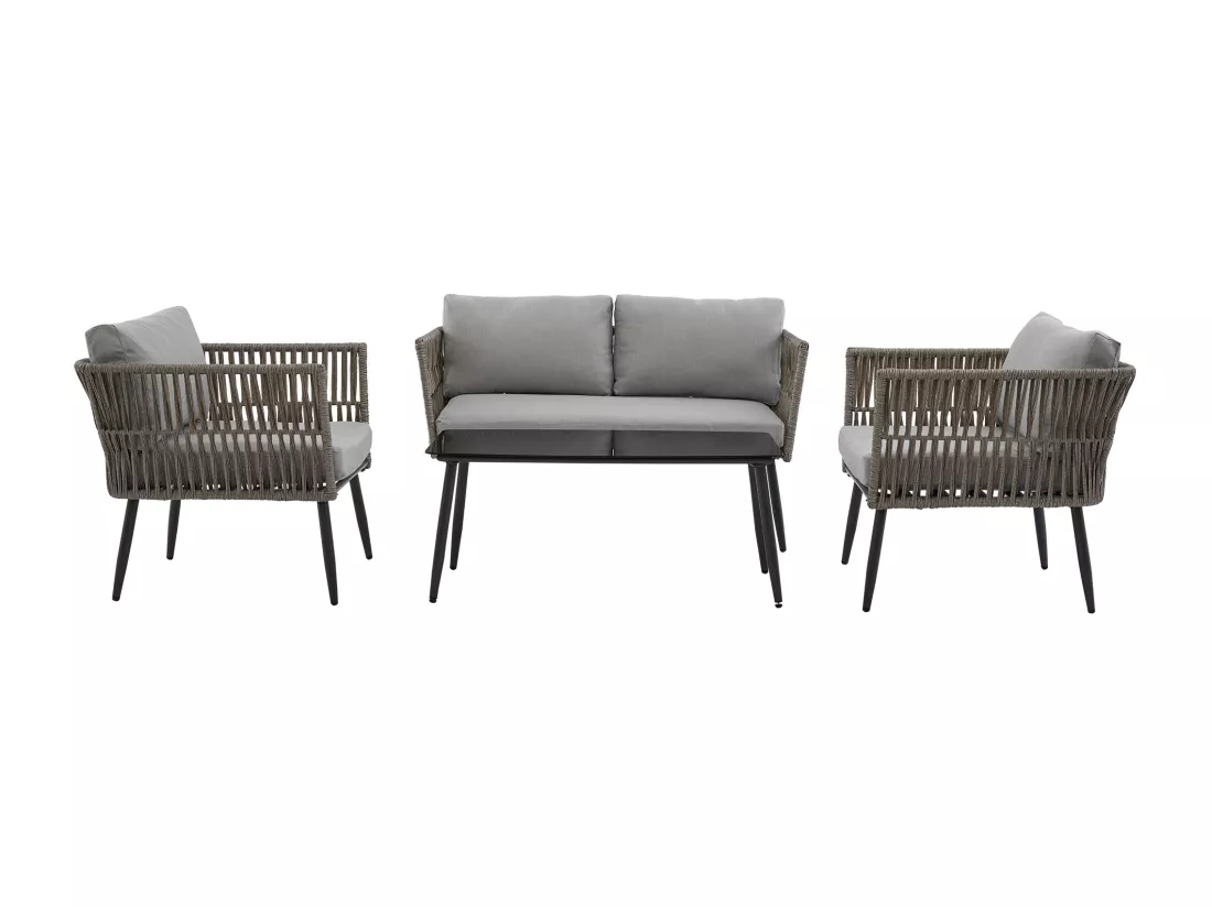 Salon de jardin, ensemble de meubles de jardin, 4 places, canapé, 2 fauteuils et table basse, extérieur, corde PE tressée, acier galvanisé, gris