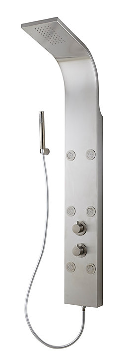 Colonne de douche hydromassante thermostatique avec pommeau + douchette + flexible, gris acier brossé, Cooke & Lewis Lekima