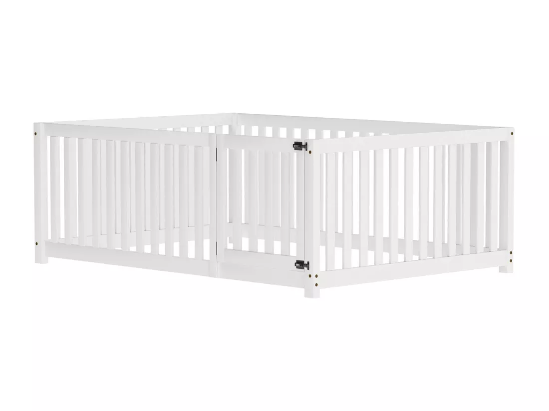Lit cabane enfant 140x200cm, cadre de lit, sans sommier à lattes, lit enfant avec clôture et porte, Pin, Blanc