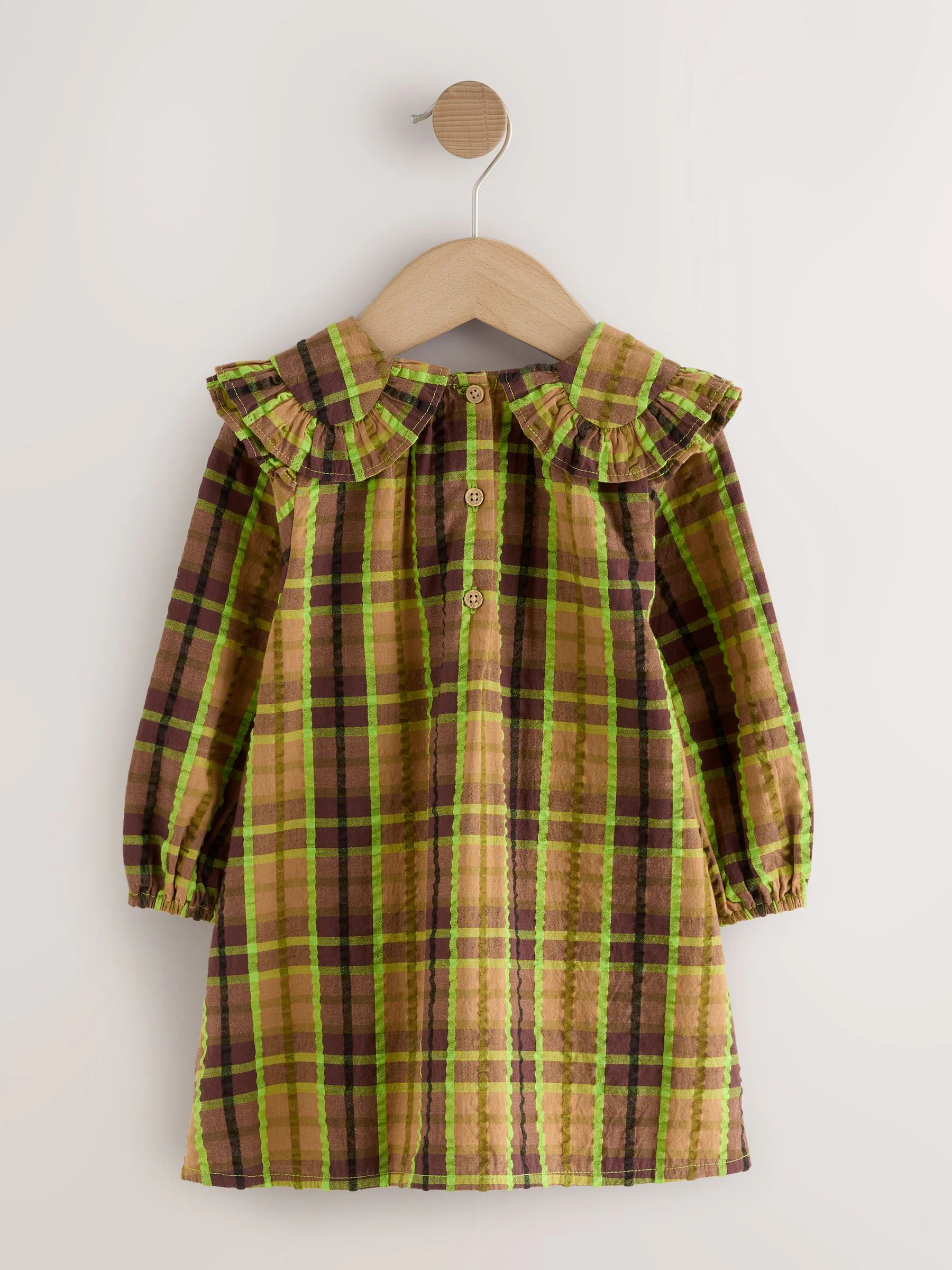 Chocolate/Lime Check - Frill Collar Long Sleeve Dress (3mths-8yrs)