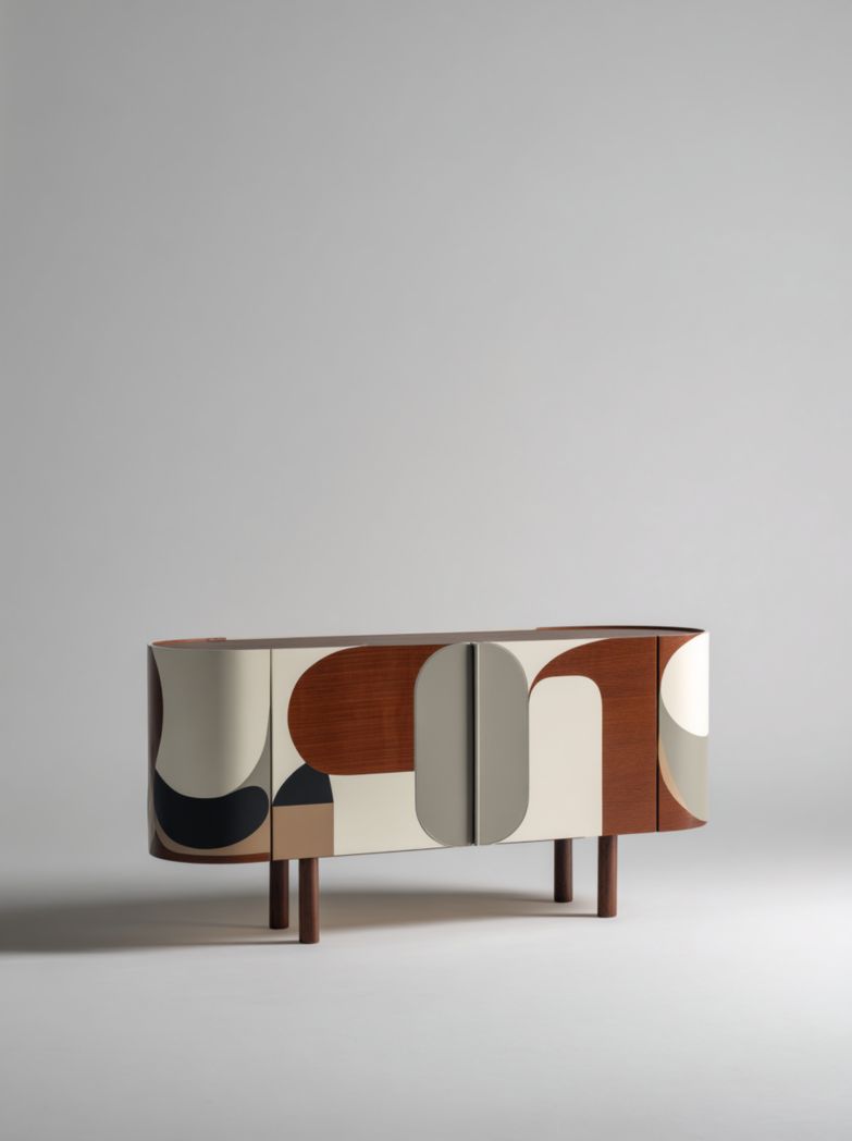 Meuble TV bas design moderne en bois à motifs géométriques avec 2 portes