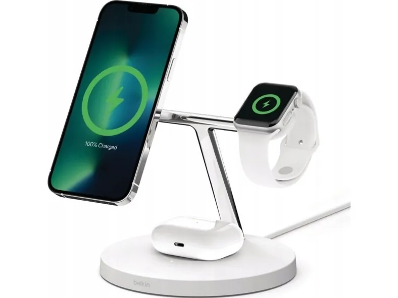 Belkin BoostCharge Pro - Trådløs opladningsstander - med MagSafe   AC-strømadapter - 15 Watt - Fast Charge - hvid - for Apple AirPods; AirPods Pro; iPhone 12, 13; Watch Series 4, Series 5, Series 6, Series 7
