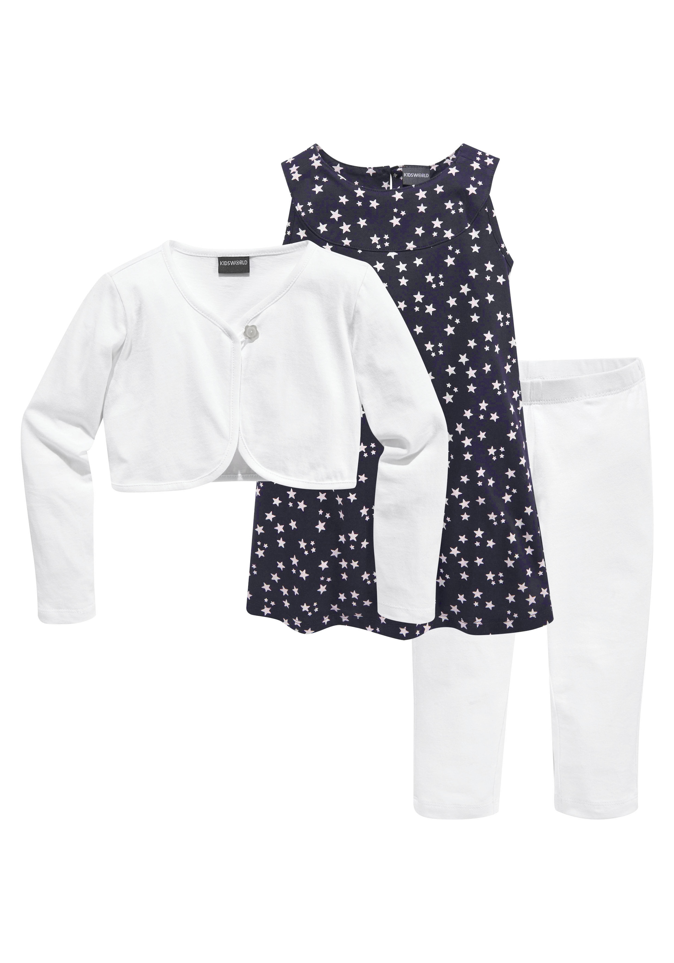KIDSWORLD Bolero, Kleid & Leggings »3tlg. Set, Komplett Outfit mit Sternenmuster«, 3 Stk. mit niedlicher Bolero-Jacke