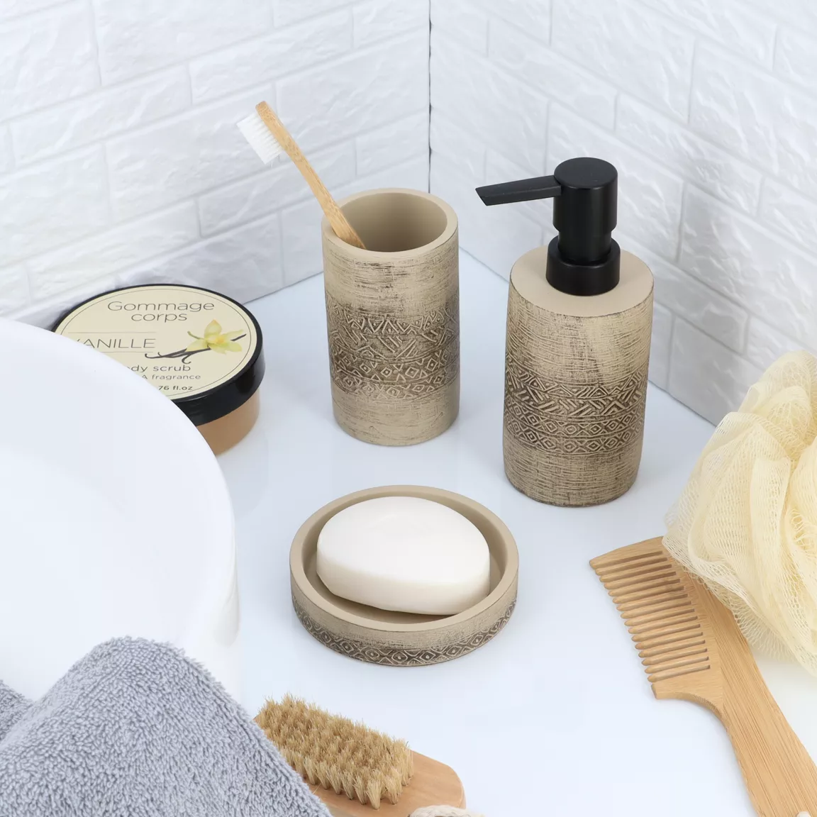 Set d'accessoires salle de bain ciment Tanger Naturel