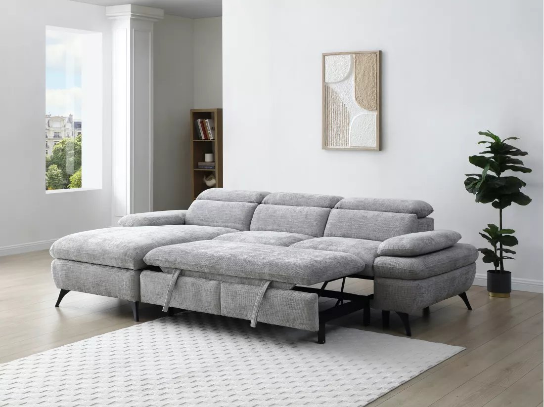Canapé d'angle gauche convertible en tissu texturé avec coffre de rangement gris MORAVA