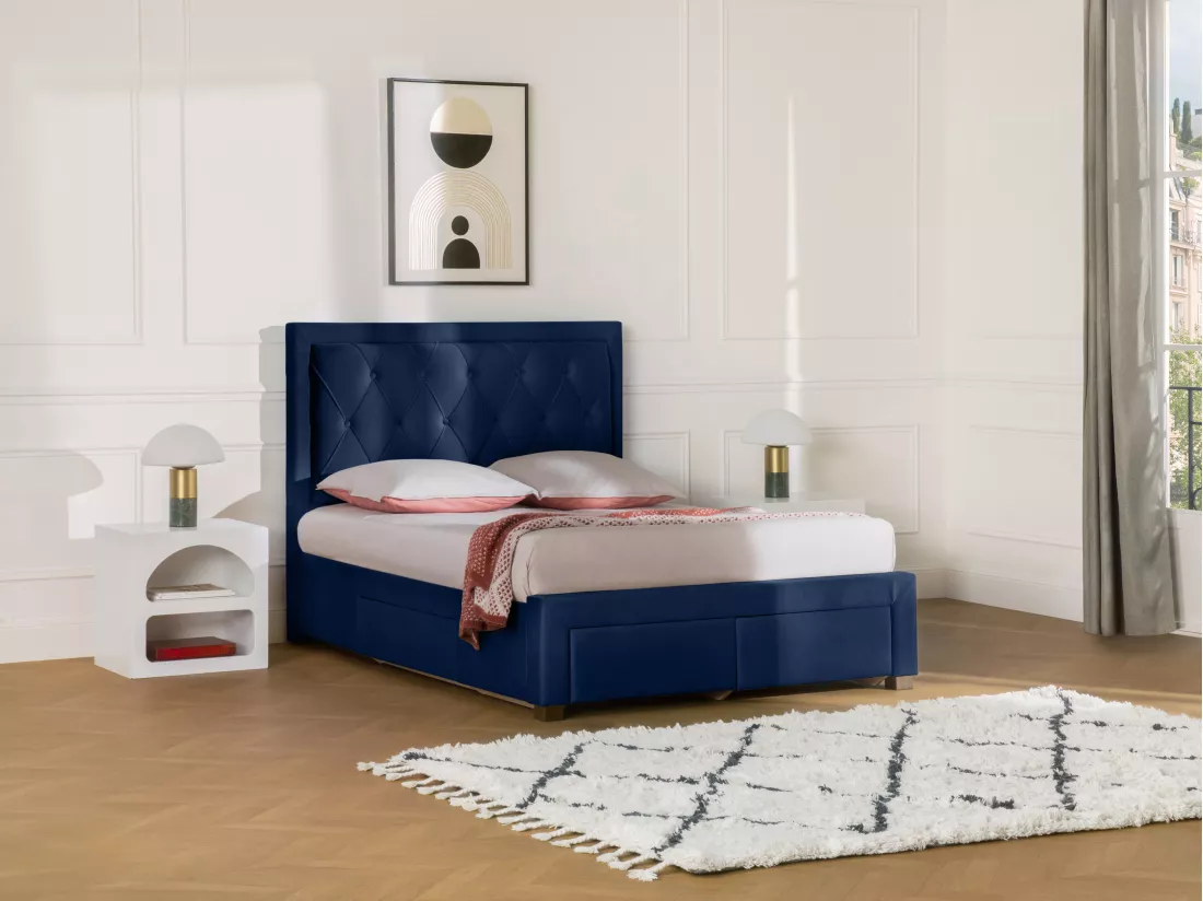 Lit avec tiroirs 160 x 200 cm - Tissu velours bleu - LEOPOLD