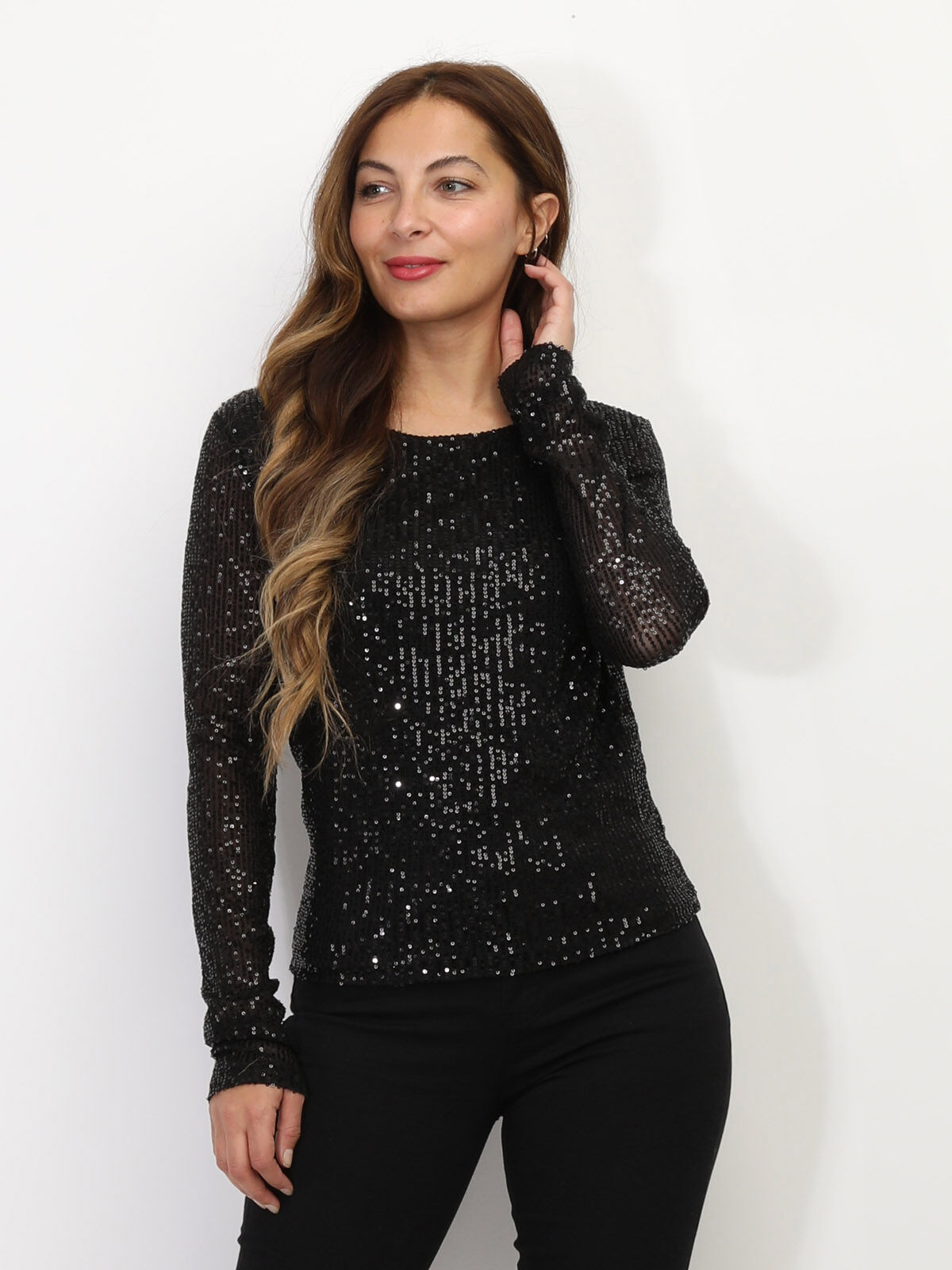 Top en sequins à manches longues- Noir