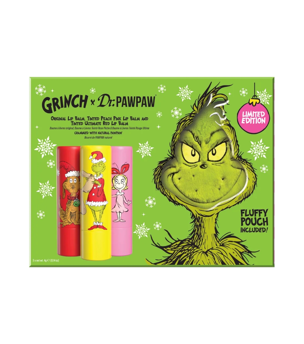 Dr. Paw Paw - *The Grinch* - Trio de protetores labiais - Original, Peach Pink & Ultimate Red