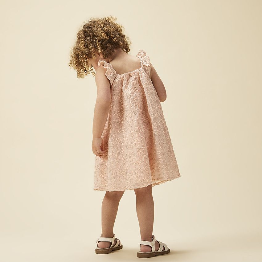 Robe sans manches bi-matière avec cording floral pour bébé fille - Rose