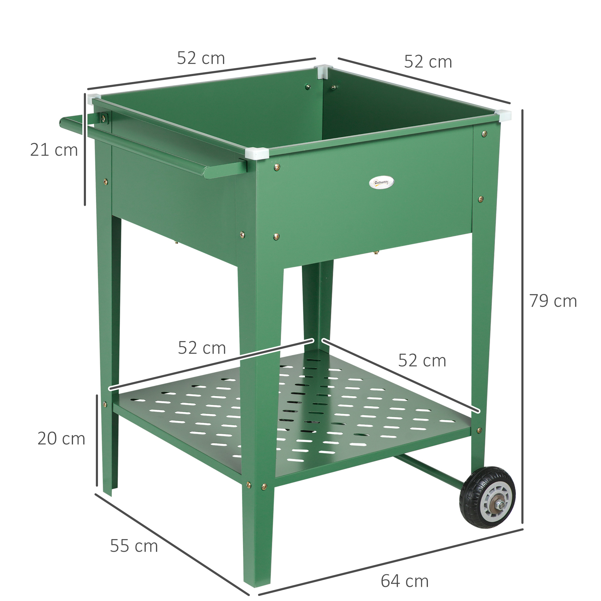 Jardim urbano elevado Outsunny com rodas, floreira externa em aço galvanizado 64x55x79 cm com prateleira e alça lateral para cultivo de plantas, flores e vegetais (verde)