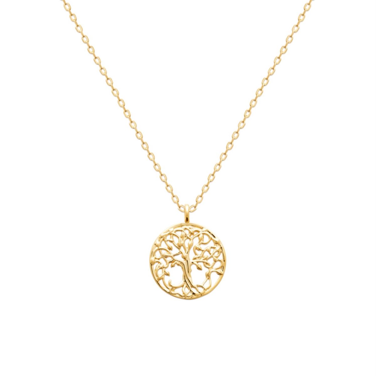 Collier arbre de vie à feuilles médaille ronde Plaqué OR 750 3 microns