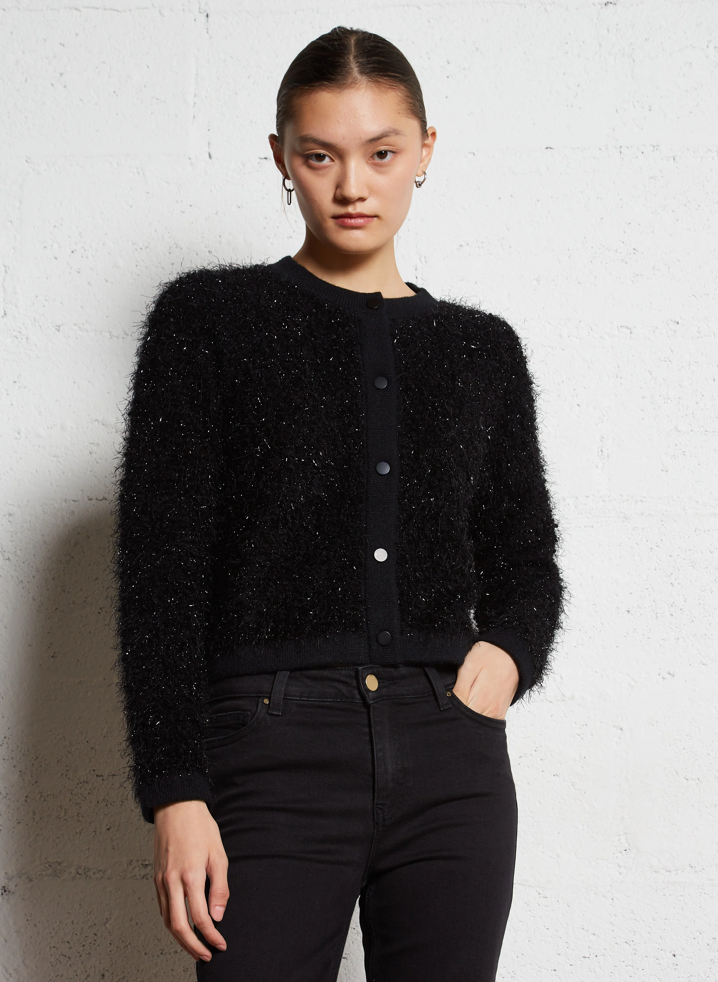 CORALY - Gilet droit court effet peluche | Noir