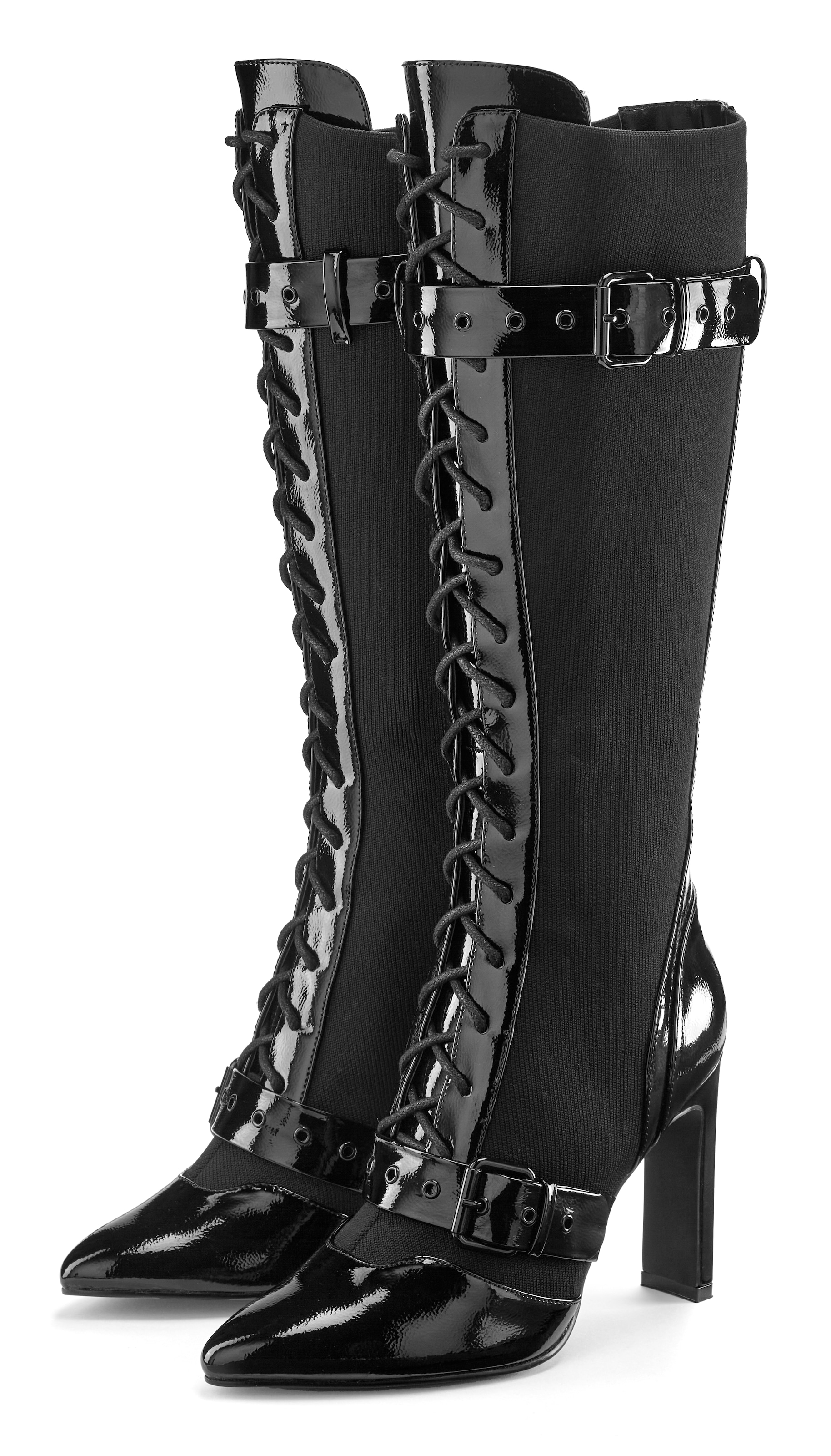 LASCANA Belle Affaire High-Heel-Stiefel »Schnürstiefel mit elastischem Schaft«  Erotische Lack-Optik, High-Heel-Stiefelette