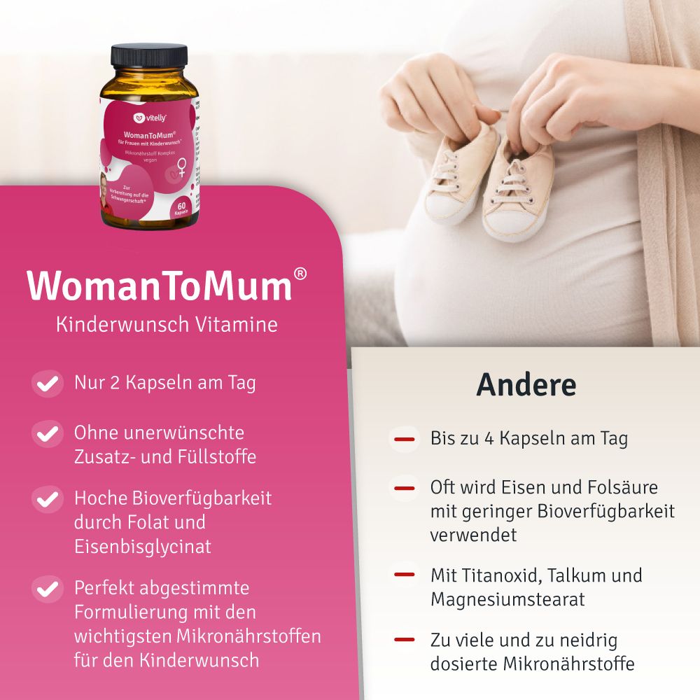 vitelly WomanToMum® Kinderwunsch Vitamine für einen Monat
