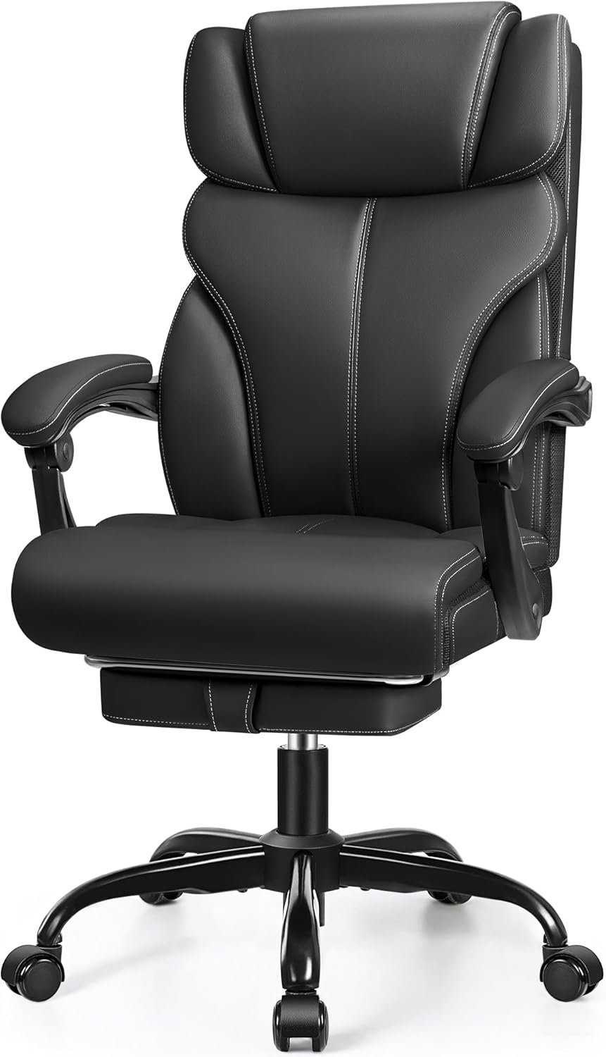FelixKing Bürostuhl, Leder Chefsessel Ergonomischer, komfortabler drehbarer Bürostuhl mit Verstellbarer hoher Rückenlehne, geeignet für Heimspiele(Matte Black)