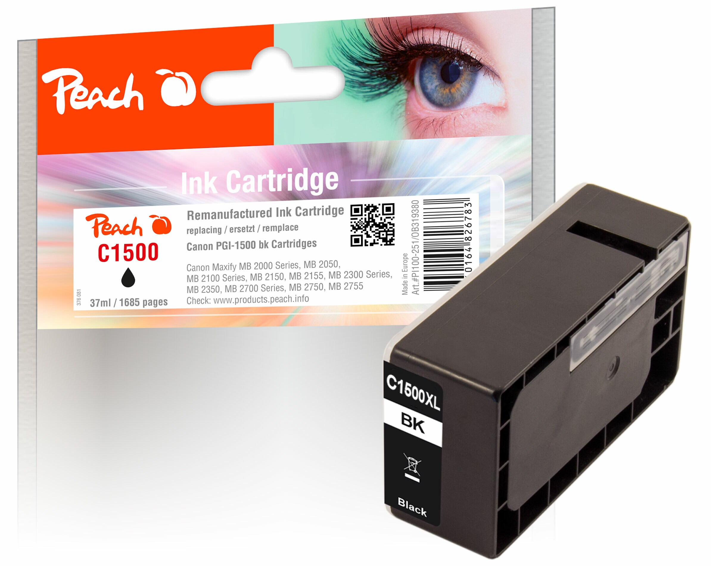 Peach C1500 XLBK Druckerpatrone XL bk ersetzt Canon PGI-1500XLBK, 9182B001 für z.B. Canon Maxify MB 2750, Canon Maxify MB 2700 (wiederaufbereitet)