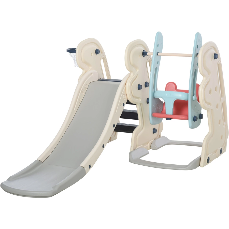 HOMCOM 3-in-1-Kinderrutsche mit Schaukel und Basketballkorb weiß, blau, grau