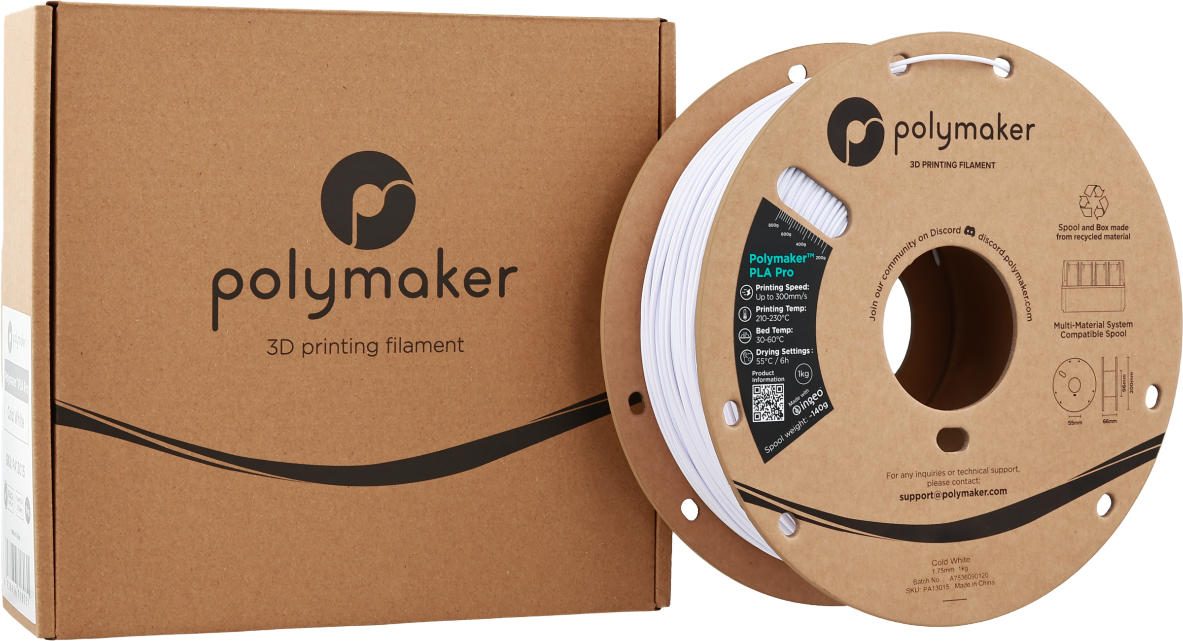 Polymaker  PLA Pro Cold White, 1,75 mm / 1000 g    Neue, verbesserte Formulierung: Hochleistungs-High Speed-PLA in Cold White
