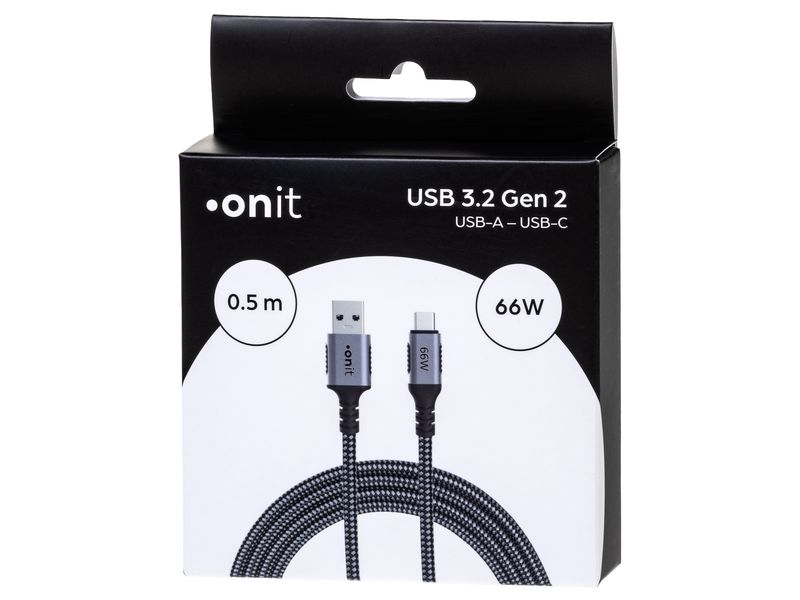 onit USB 3.1-Kabel USB A - USB C 0.5 m, Grau/Schwarz Verbindungskabel mit geflochtener Nylonummantelung
