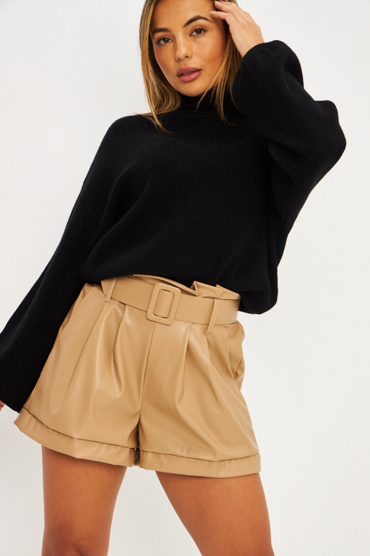Short en simili cuir beige foncé
