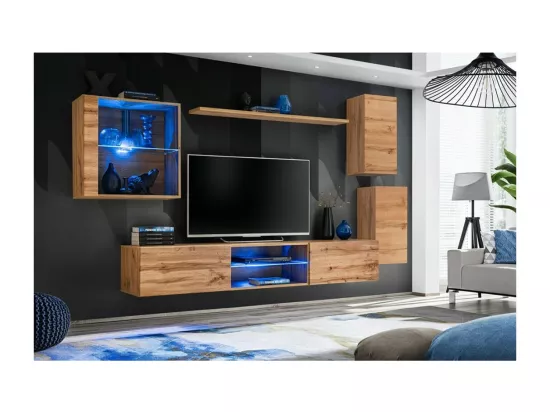Vitrine carrée suspendue coloris chêne clair avec 1 porte vitrée et éclairage LED inclus. Collection SWITCH.