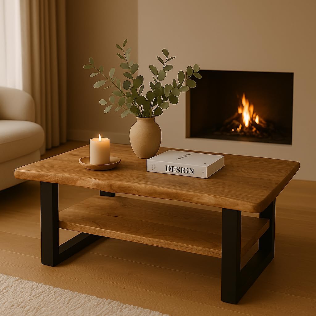 SAM Couchtisch 115x65 cm Patrick, Sofatisch mit Ablage, Akazienholz massiv + naturfarben + lackiert, Beistelltisch mit schwarzem U-Metallgestell, echte Baumkante