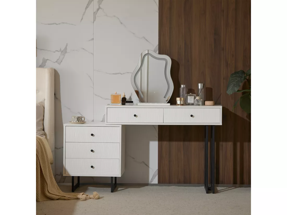 Coiffeuse avec miroir et 5 tiroirs - 100 x 40 x 76 cm - Panneau de particules - LEDs - Plateau extensible - Blanc (sans tabouret)