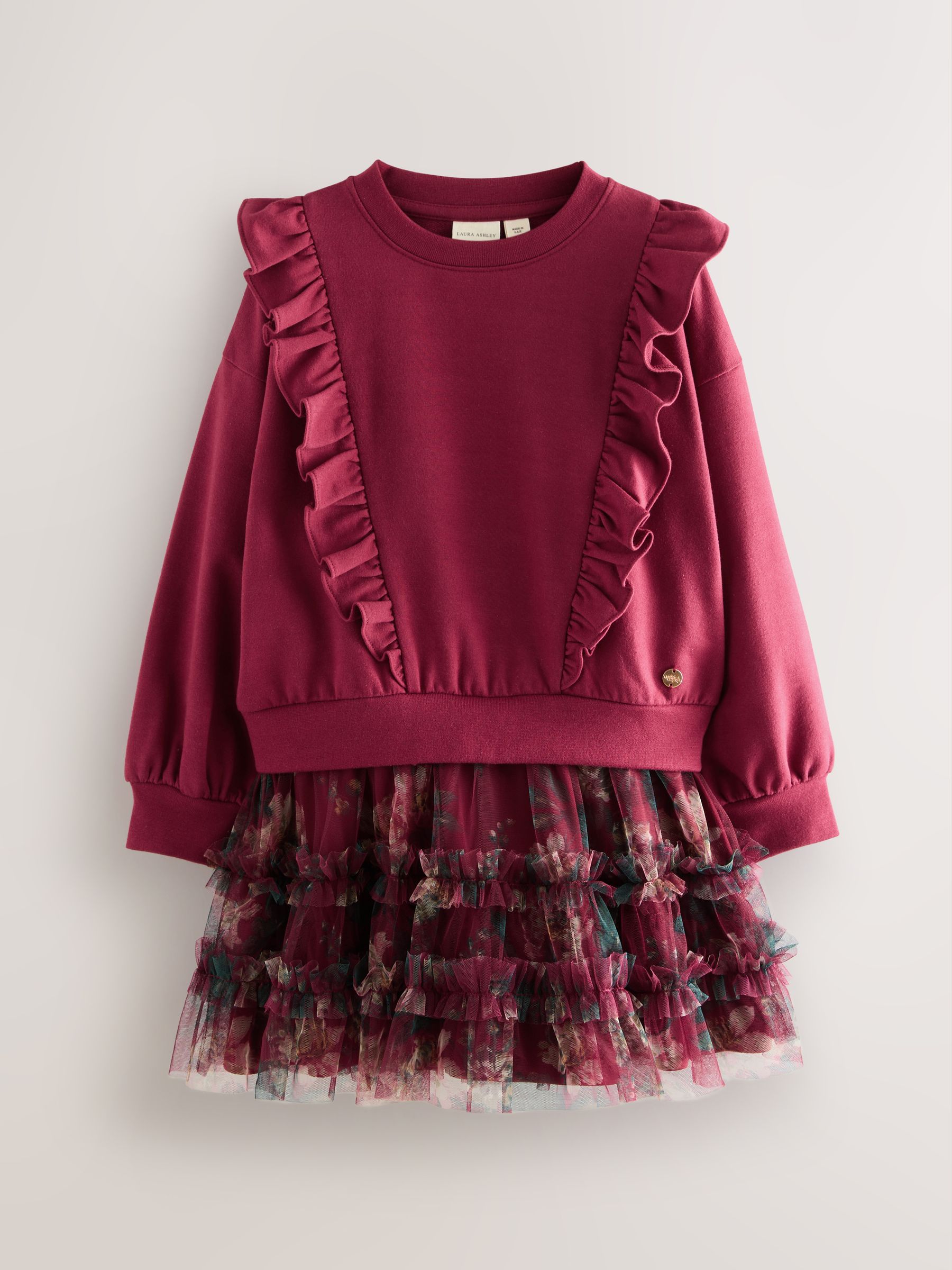 Bordeauxrood - Laura Ashley - Mock-sweatjurk met ruche