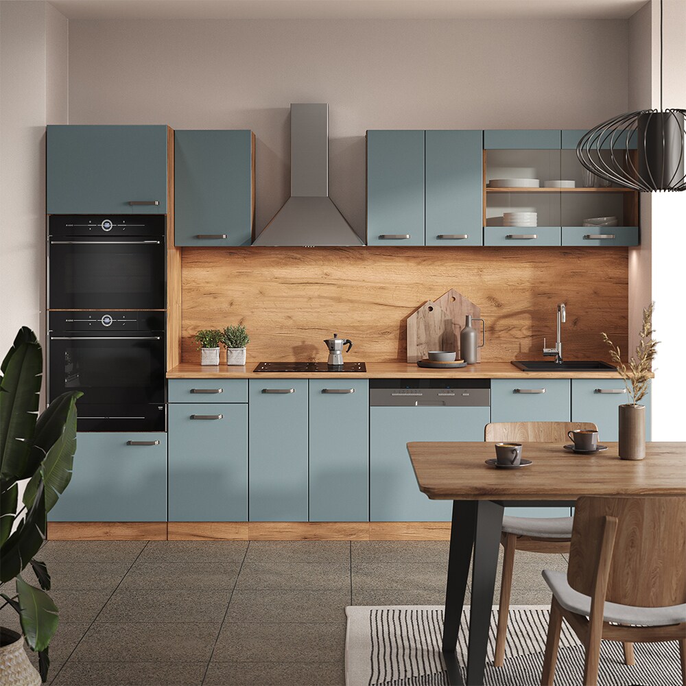 Vicco Küchenzeile R-Line Solid Eiche Blau Grau 300 cm modern Küchenschränke Küchenmöbel