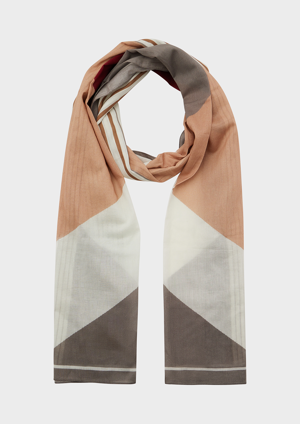 Echarpe en coton taupe à motifs géométriques gris, rose et écru