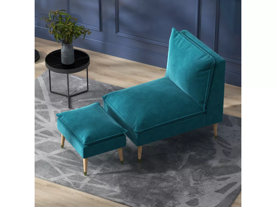Fauteuil design scandinave grand confort - repose-pied inclus - piètement effilé incliné bois hévéa velours turquoise