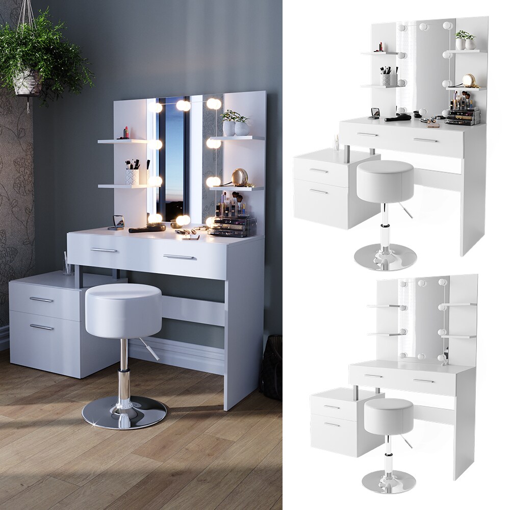 Vicco Schminktisch Frisiertisch Frisierkommode Maria Weiß mit Spiegel LED Hocker