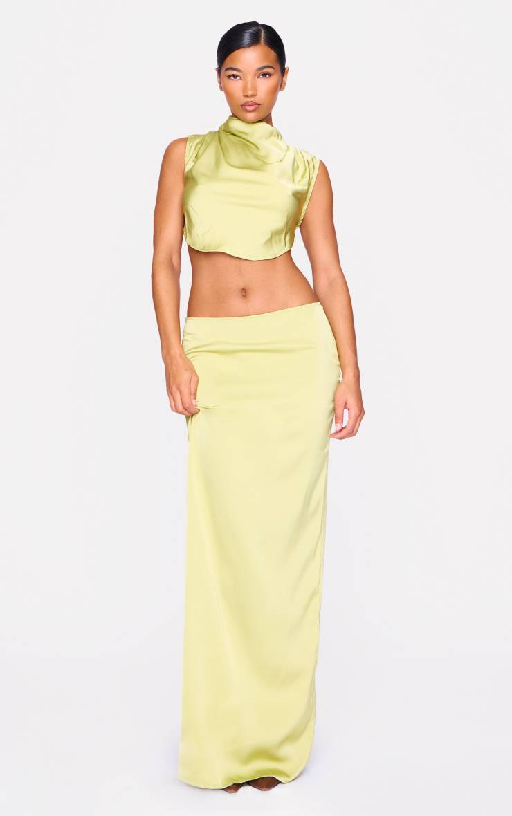 Chartreuse Jupe Longue Satinée Taille Mi-haute Ensemble Coordonné