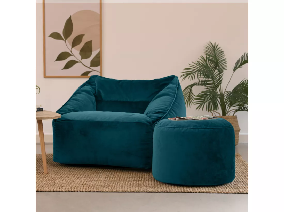 Pouf fauteuil avec repose-pied rond velours bleu canard - NATALIA