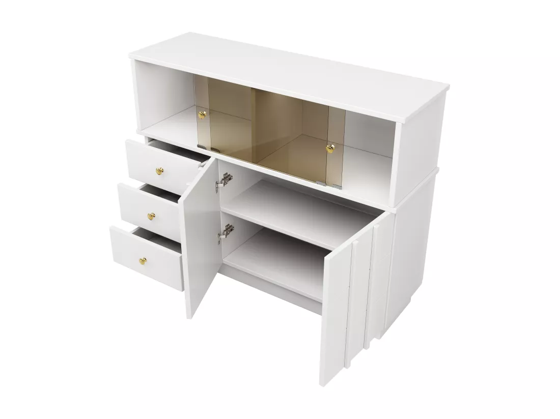 Buffet moderne - 3 tiroirs、2 étagères et cloison vitrée - MDF - Blanc
