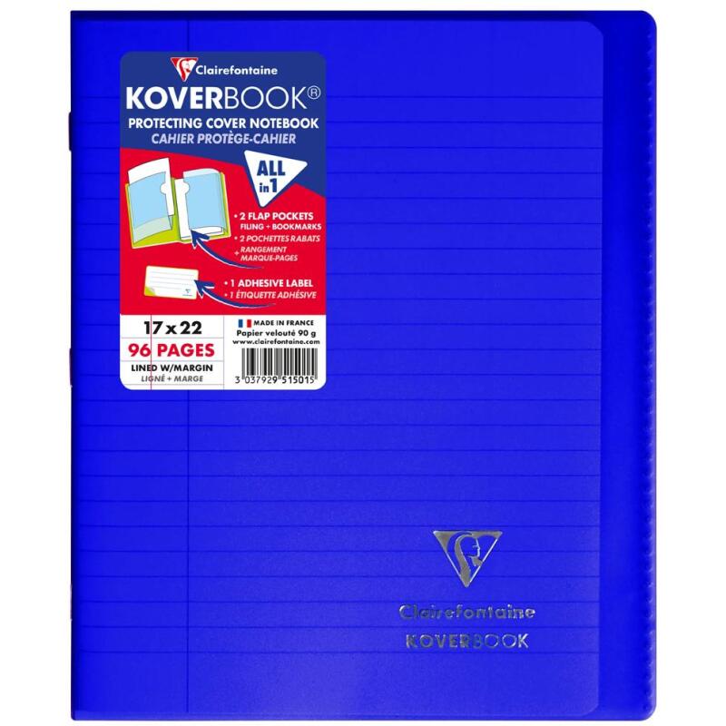 Cahier piqué Koverbook 17x22cm 96 pages ligné + marge couverture polypropylène transparent - Assortis