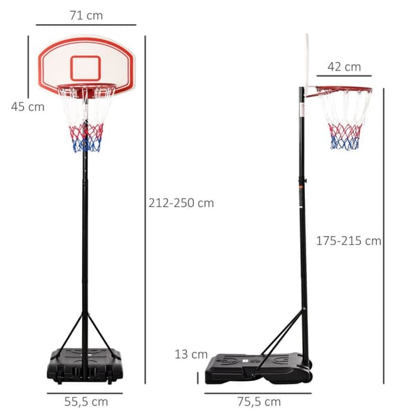 Utendørs basketballkurv justerbar bærbar høydejusterbar kurv 212-250 cm base med hjul metallstolper svart hvit |