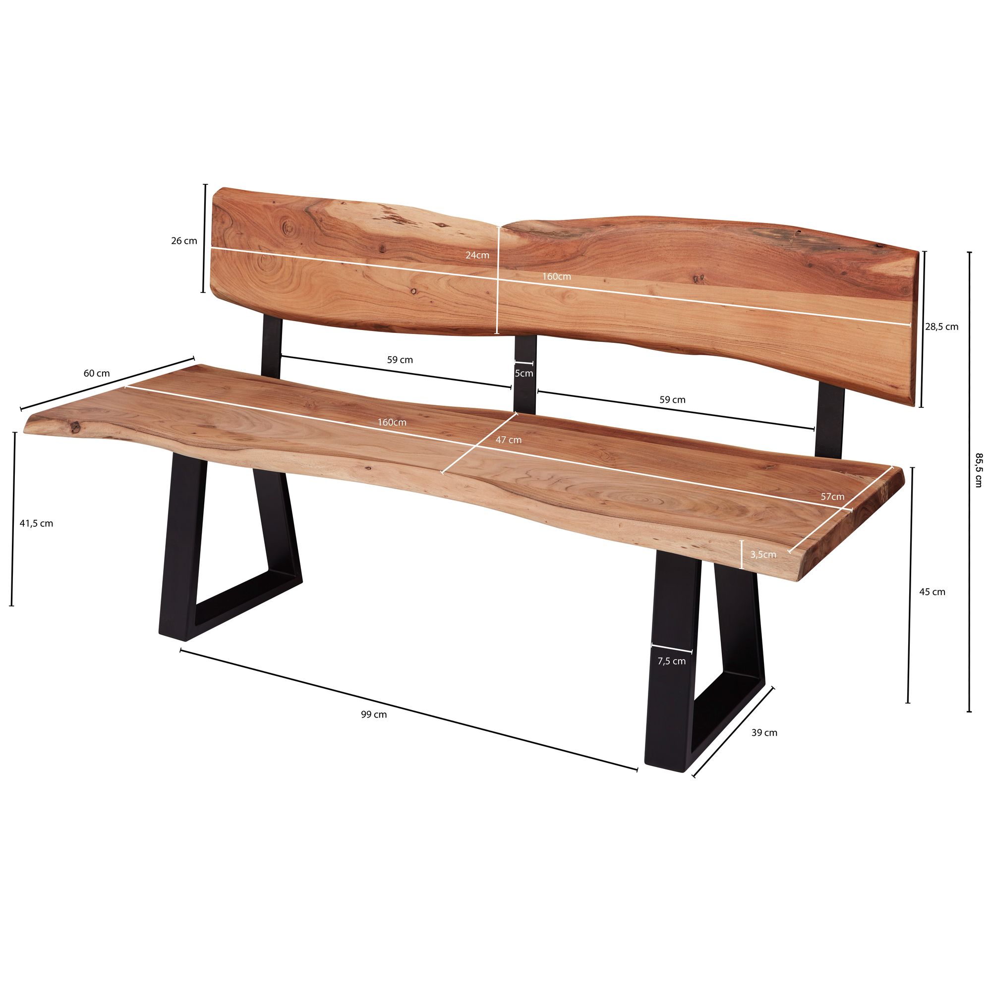 FineBuy Esszimmerbank 160cm Essbank mit Lehne Baumkante Sitzbank Bank Holz