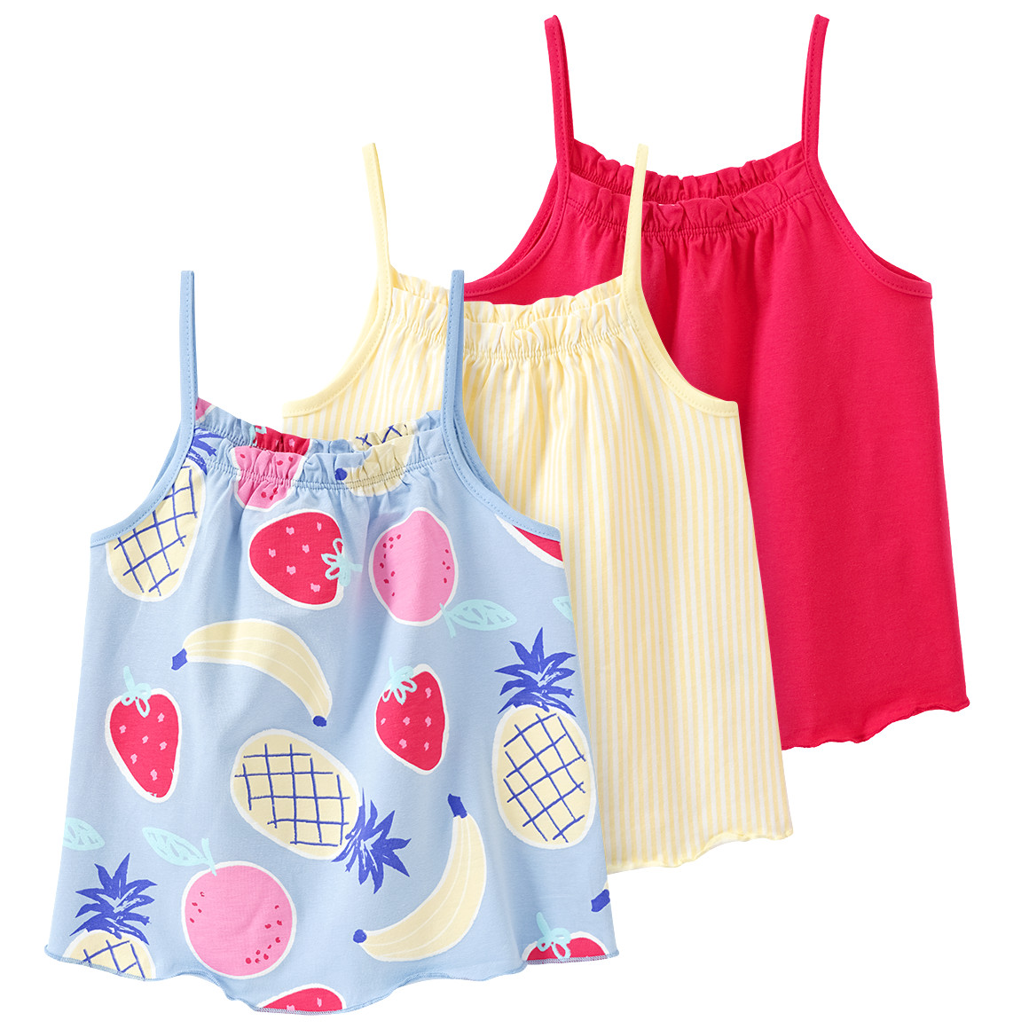 Famy 3 Mädchen Tops mit bunten Motiven hellblau / rot / hellgelb