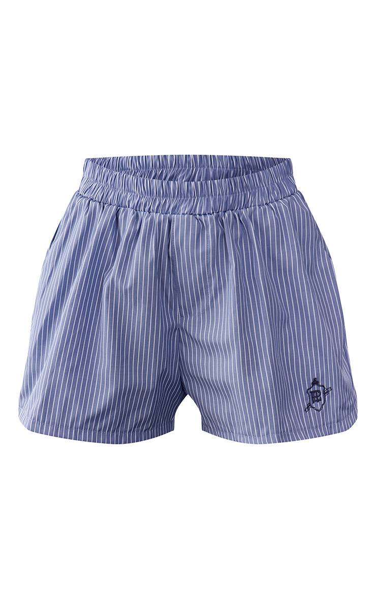 Bleu Short Ample En Lin Rayé Brodé