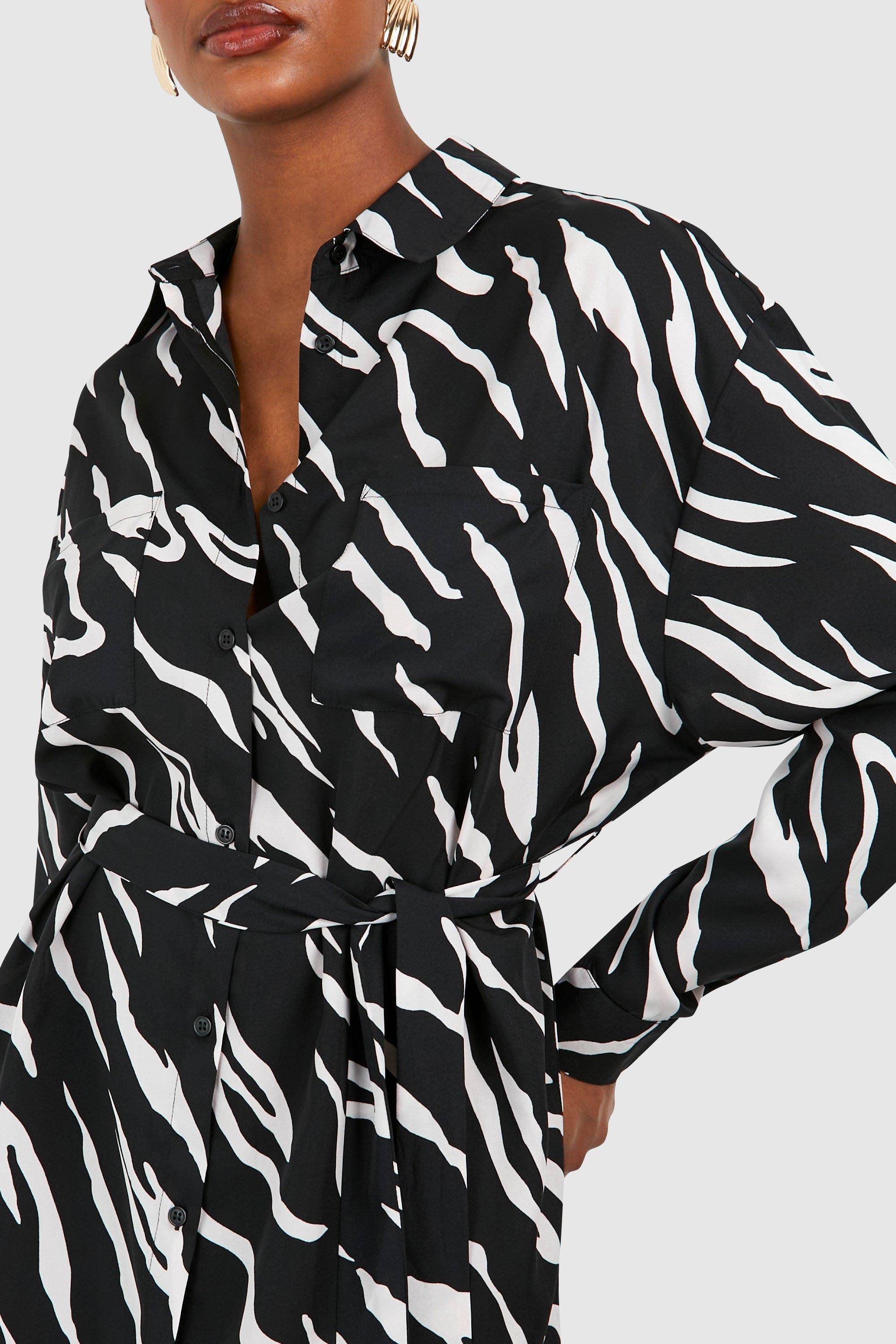 boohoo Tall Woven Zebra Belted Shirt Dress