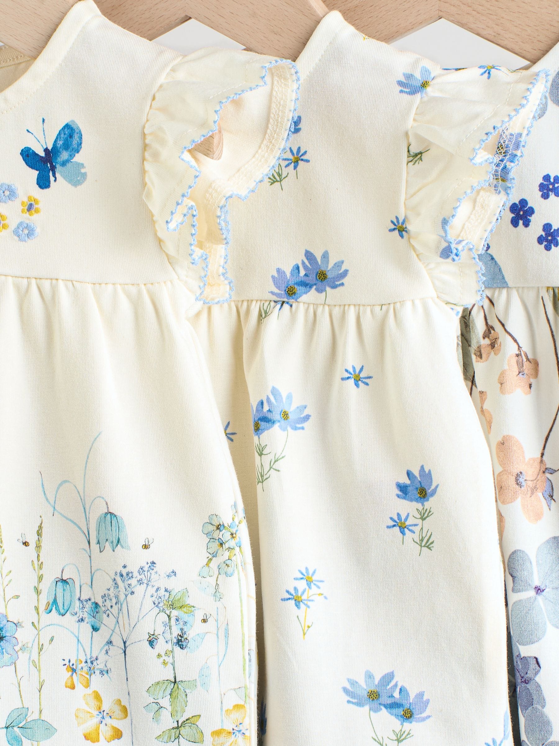 Blauw/wit met bloemenprint - 6 -delig Baby Set van T-shirt met ruches en short (0mnd-2jr)