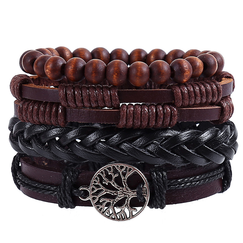 (4-tlg. Set) Mehrreihiges Leder Herren Armband Set Tree of Life - Schwarz / Braun
