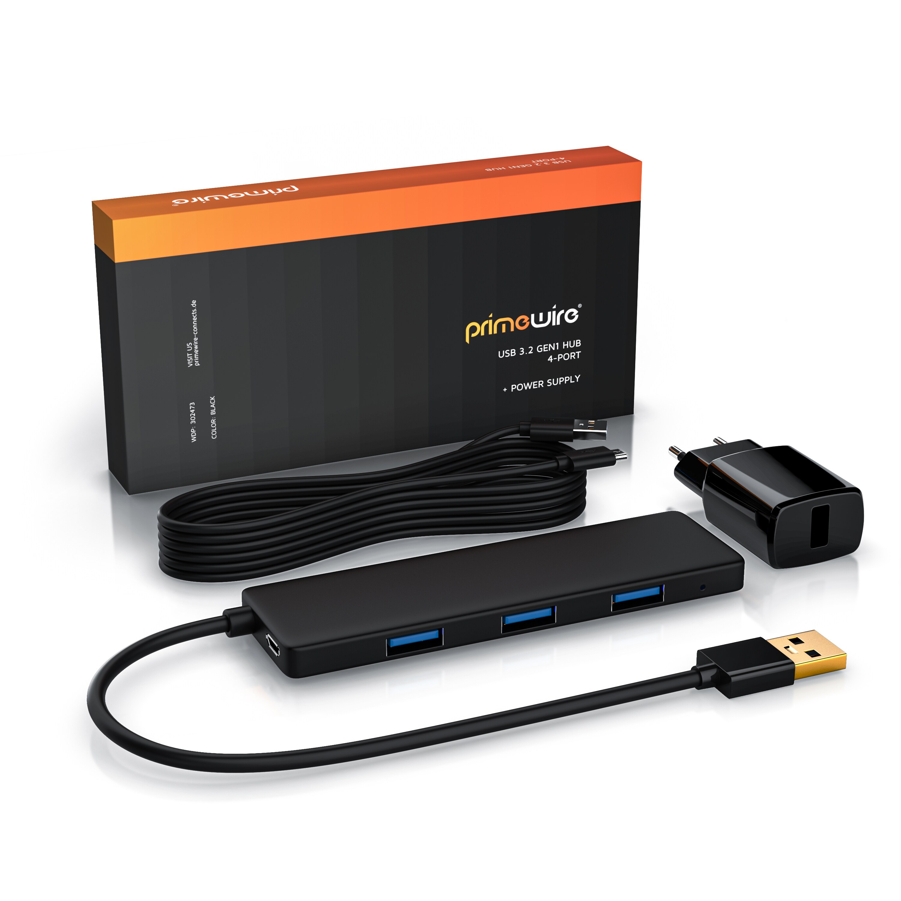 Primewire USB 3.2 Hub mit Netzteil, Ultra Slim 4-Port Verteiler, Datenhub für PC PS4 Notebook Netbook Laptop Ultrabook Tablet-PC MacBook, Bus-Powered